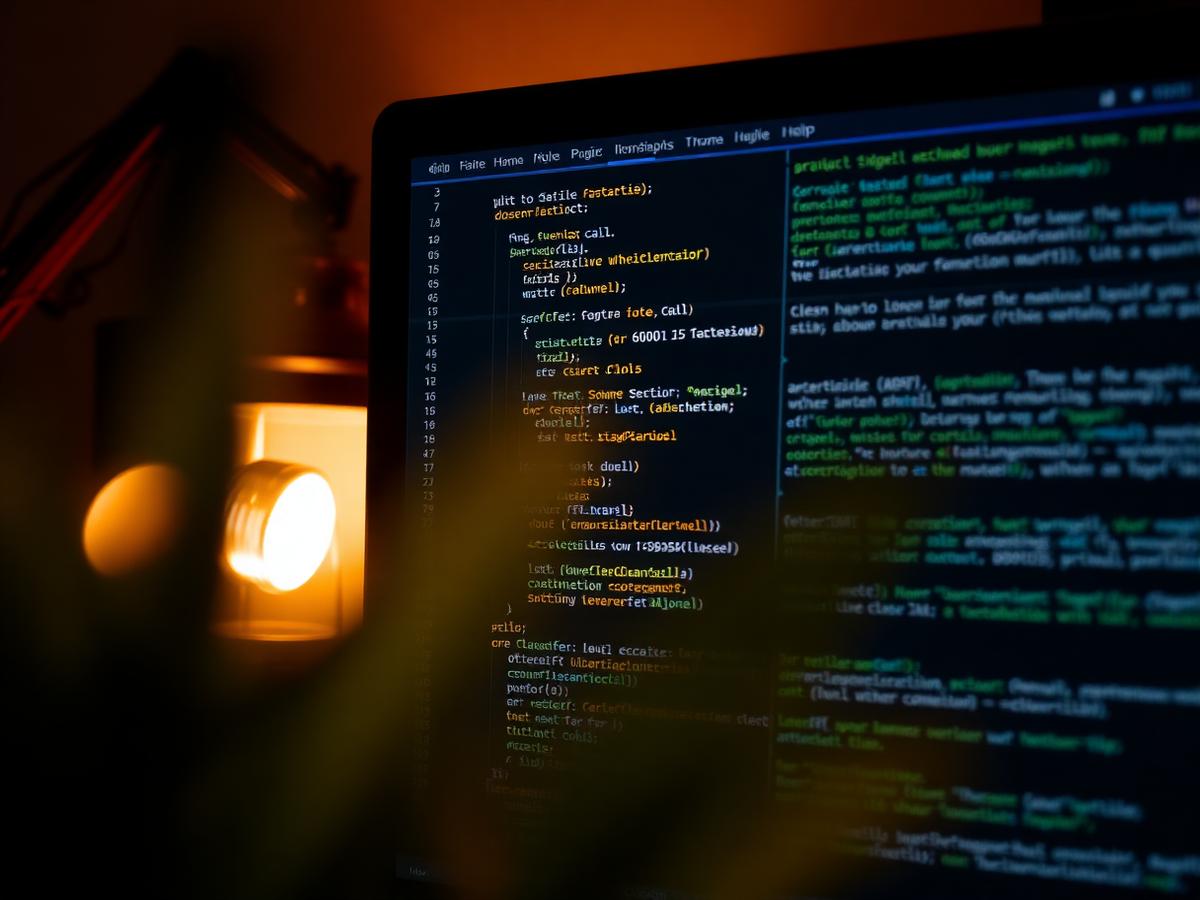 Laravel PHP code on a screen lit by a warm desk lamp