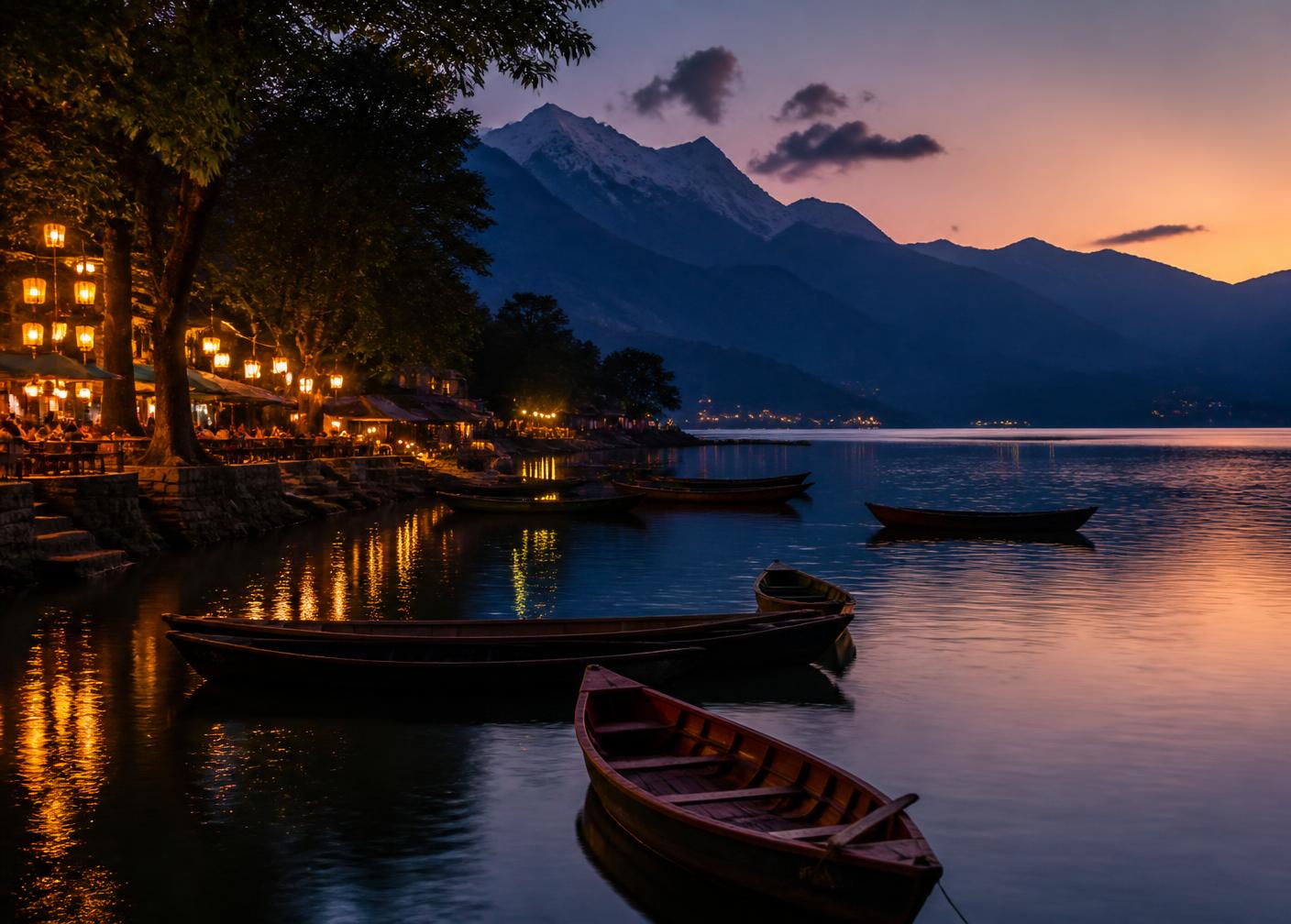 Wooden boats on Phewa Lake at dusk with lantern light along the shore