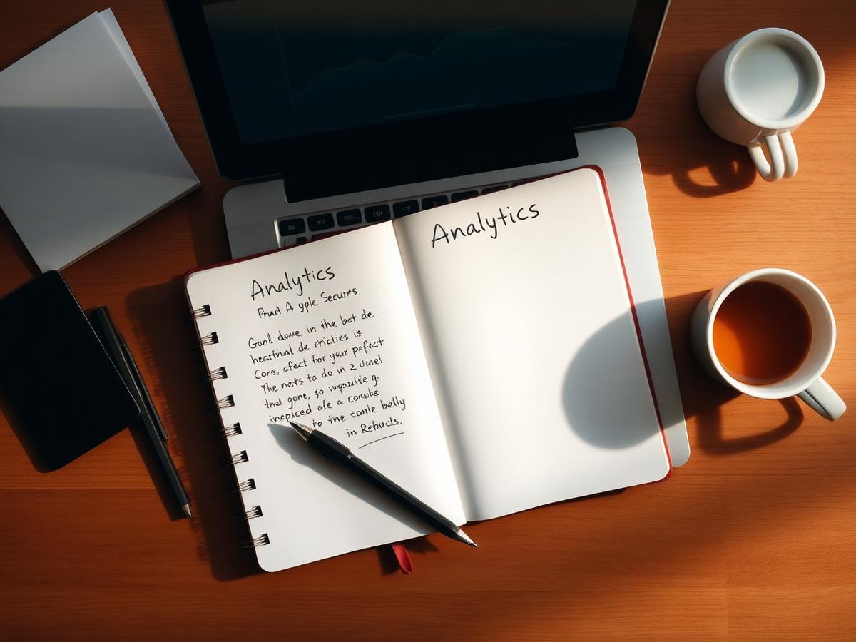 Notebook with keyword research notes next to a laptop showing a search performance chart
