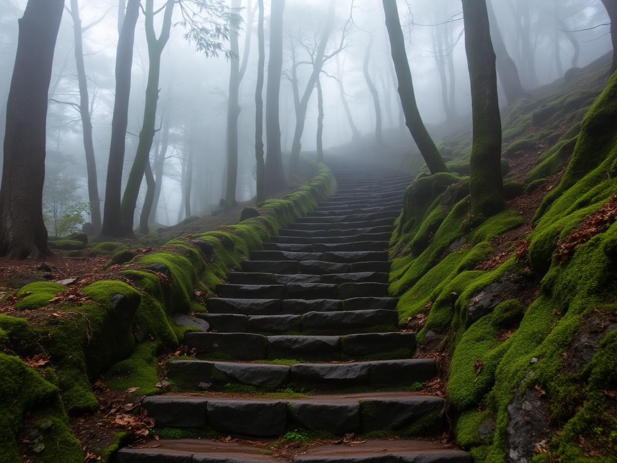 Mossy stone staircase climbing through misty forest on a Nepali hill trail
