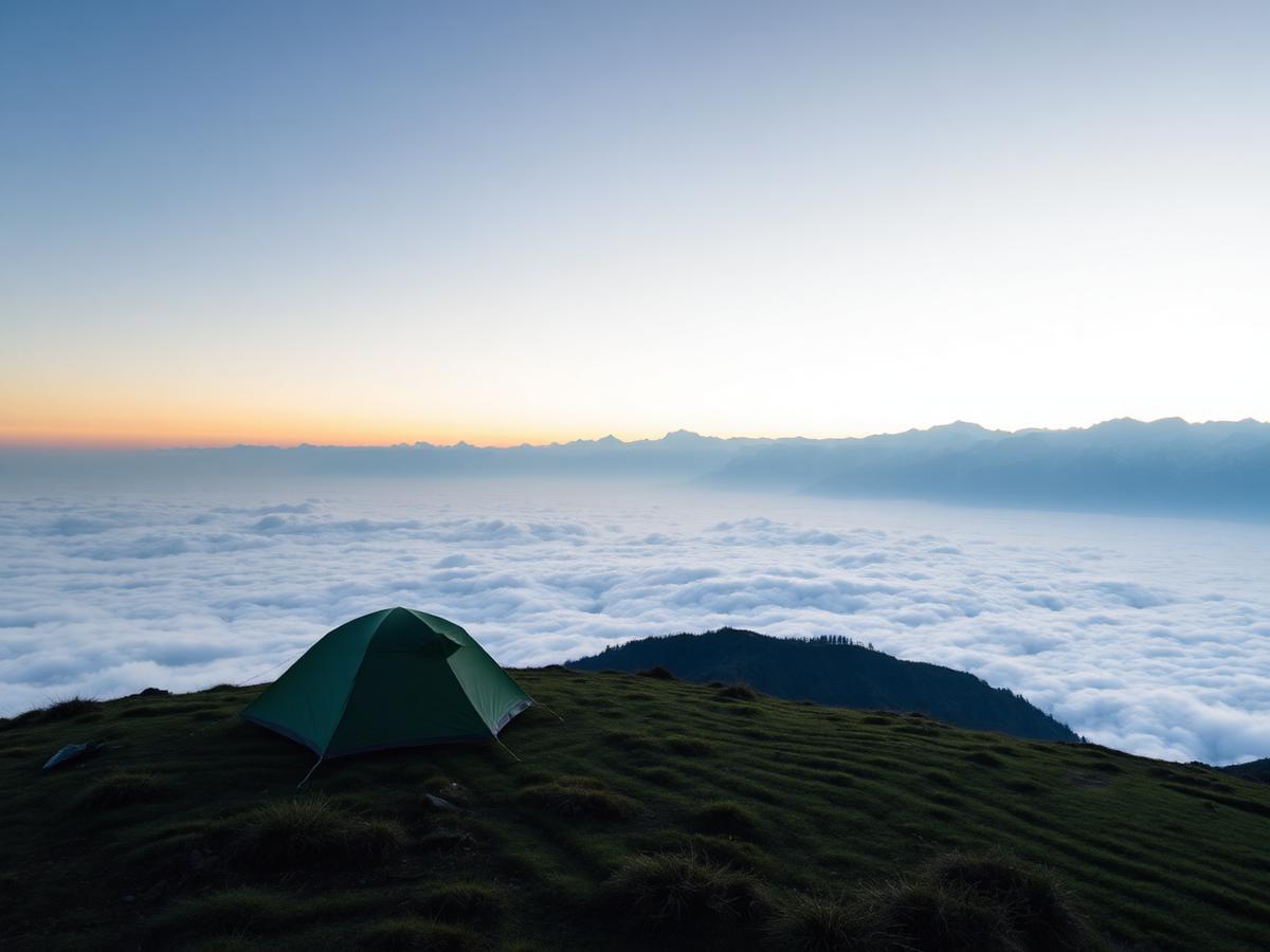 Tent on the grassy hilltop of Khumai Danda above a sea of clouds at sunset