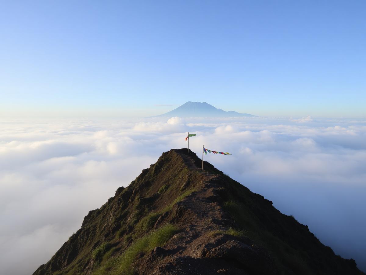 Narrow ridge trail with prayer flags above a sea of clouds on the Mardi Himal trek