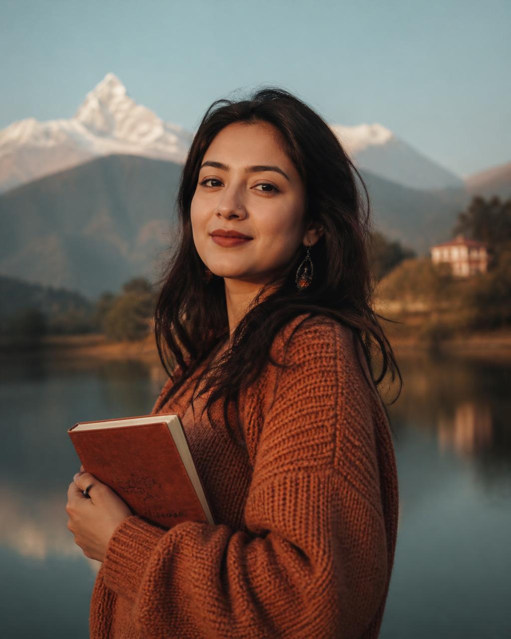 Arati Dawadi, SEO specialist and content writer, photographed beside a lake in Pokhara
